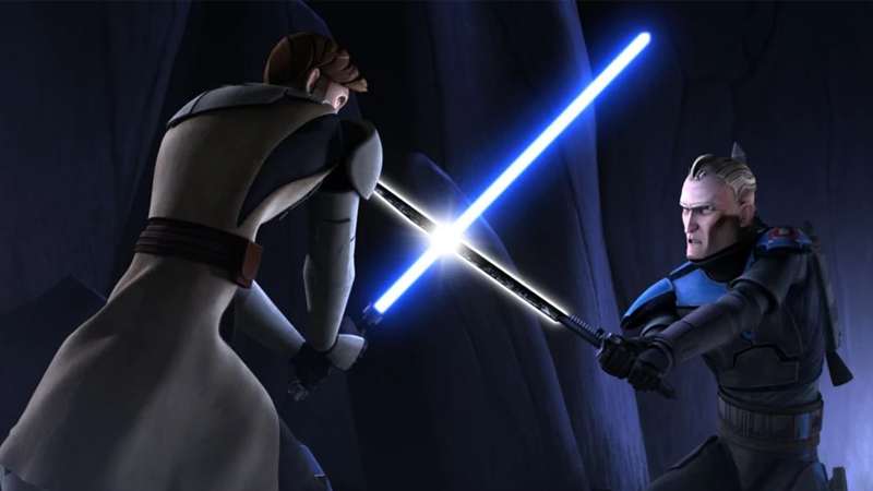 Thousands of years after his ancestors did much the same, Pre Vizsla takes the Darksaber into combat against a Jedi.